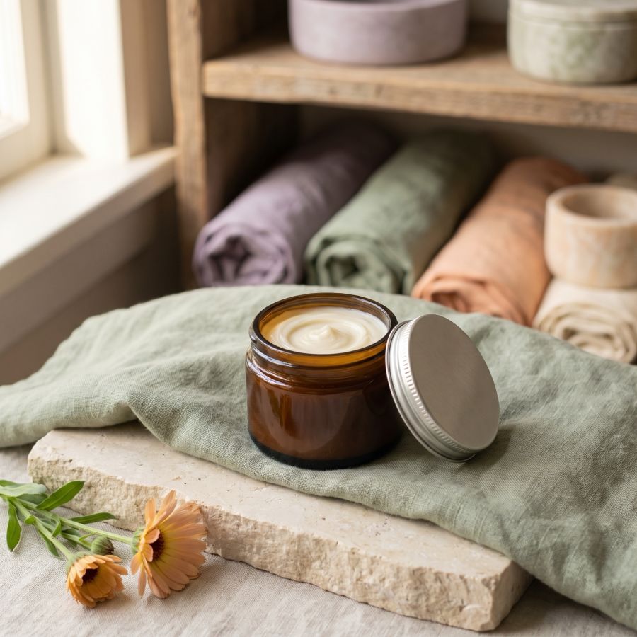 Handbalsam im Glastiegel auf hellem Stein, Holz oder Leinen