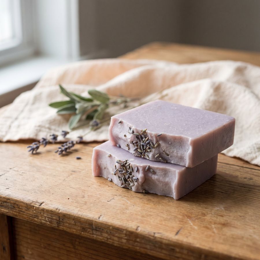 Lavendelseife auf hellem Stein, Holz oder Leinen