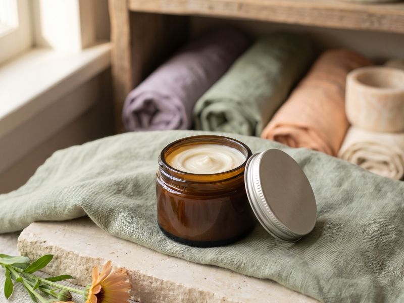 Handbalsam im Glastiegel auf hellem Stein, Holz oder Leinen