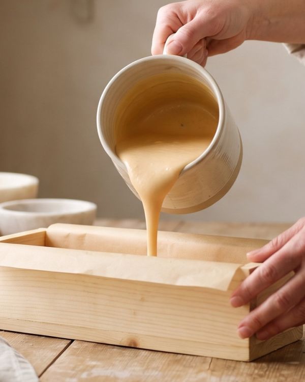 Hände gießen Seifenleim in eine Holzform